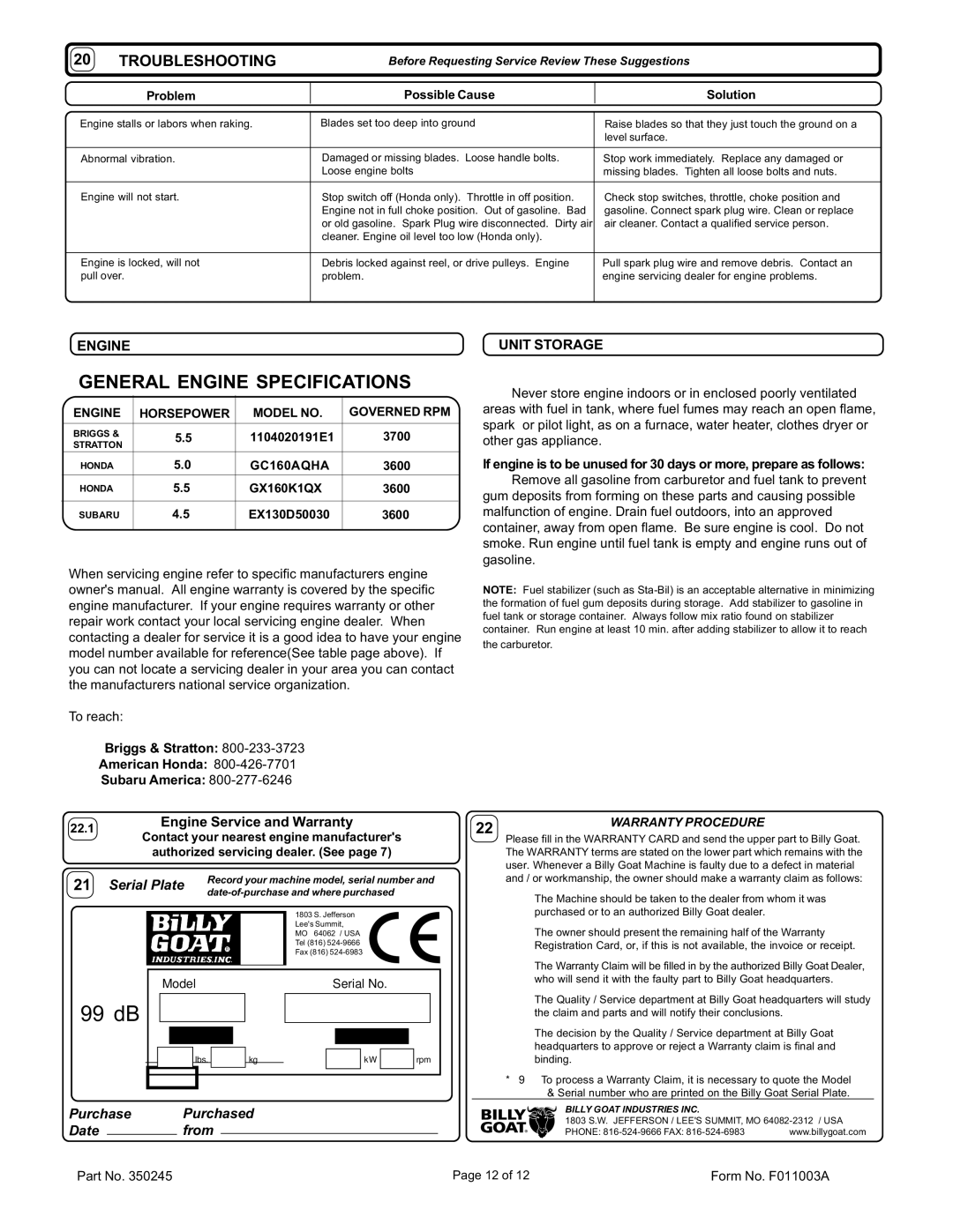 Billy Goat CR450S, CR550, CR550HC, CR550H owner manual General Engine Specifications, Troubleshooting, Unit Storage 