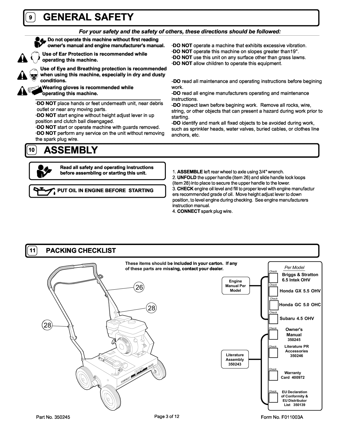 Billy Goat CR450S, CR550, CR550HC, CR550H owner manual General Safety, Assembly, Packing Checklist 