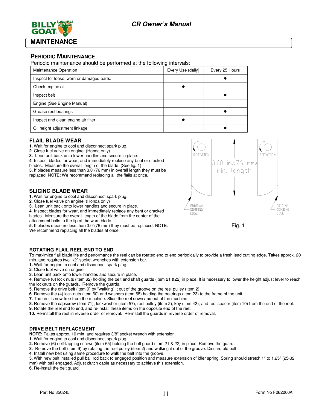 Billy Goat CR550HC owner manual Periodic Maintenance, Flail Blade Wear, Slicing Blade Wear 