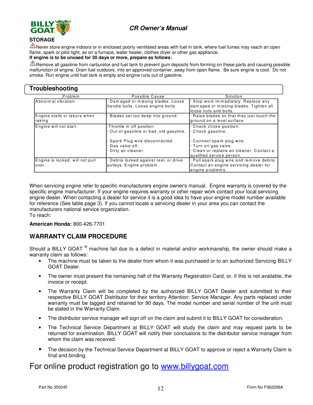 Billy Goat CR550HC owner manual Warranty Claim Procedure, Storage 