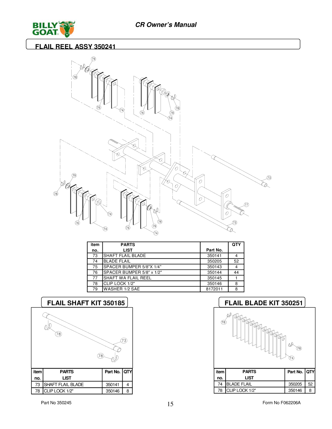 Billy Goat CR550HC owner manual Flail Reel Assy, Flail Shaft KIT, Flail Blade KIT 