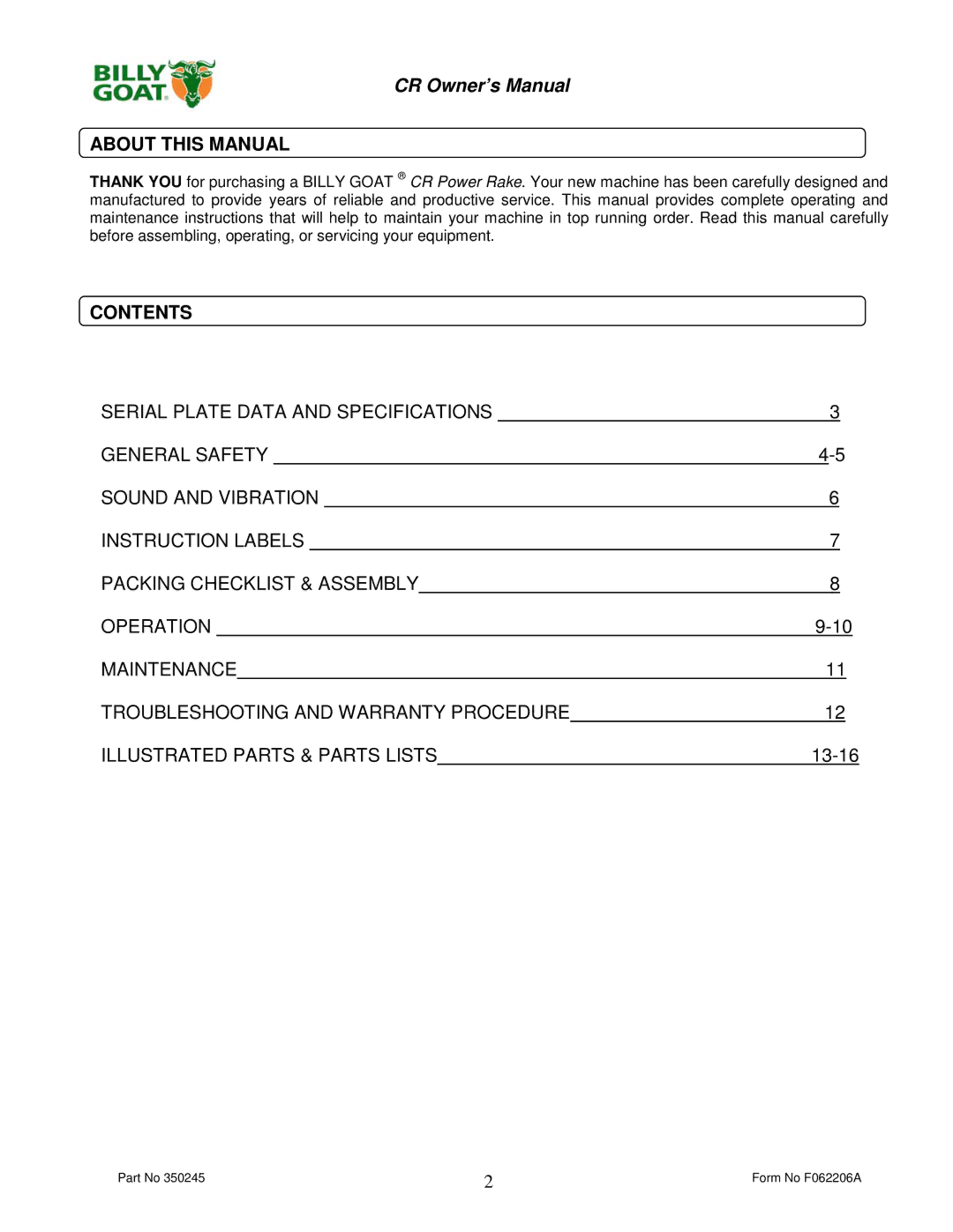 Billy Goat CR550HC owner manual About this Manual, Contents 