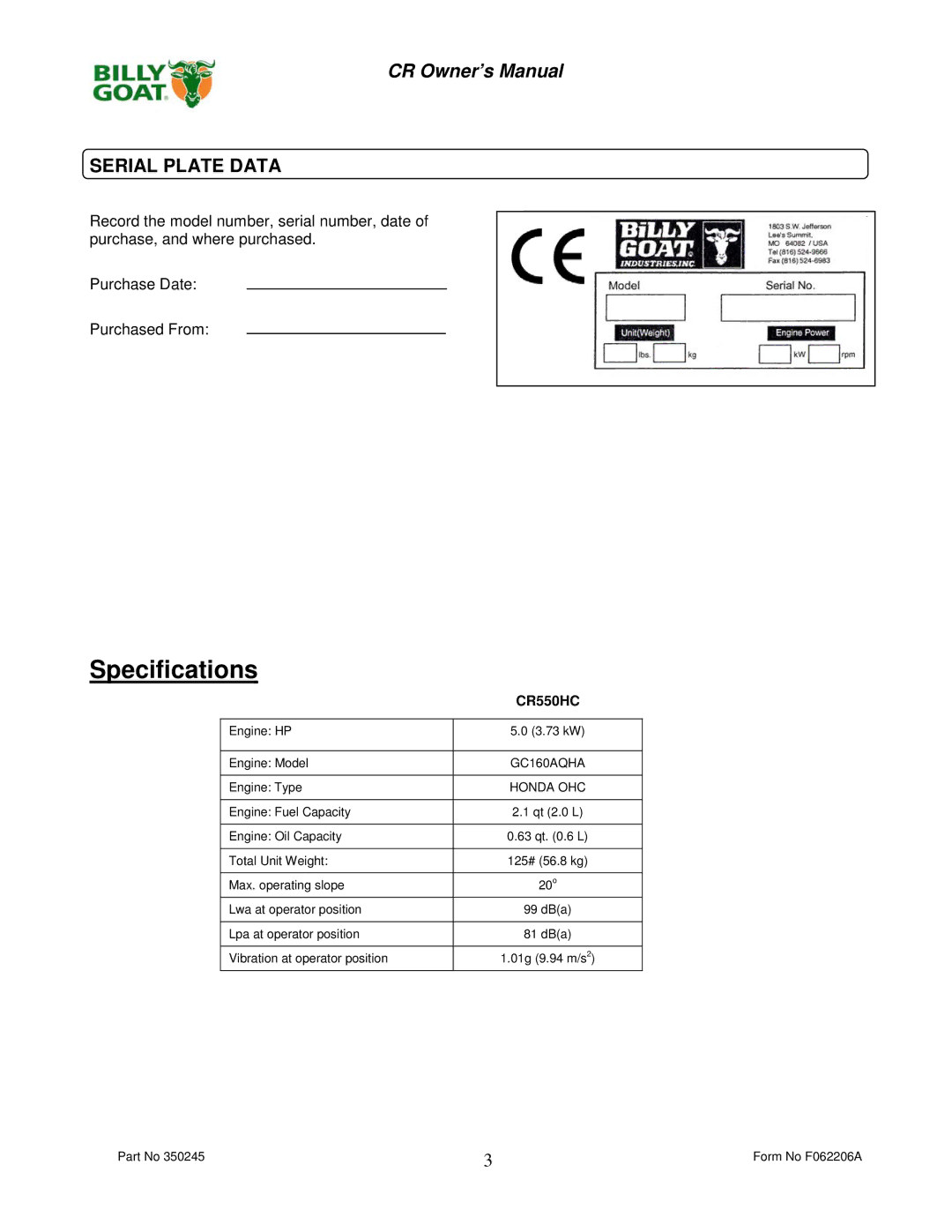 Billy Goat CR550HC owner manual Specifications, Serial Plate Data 