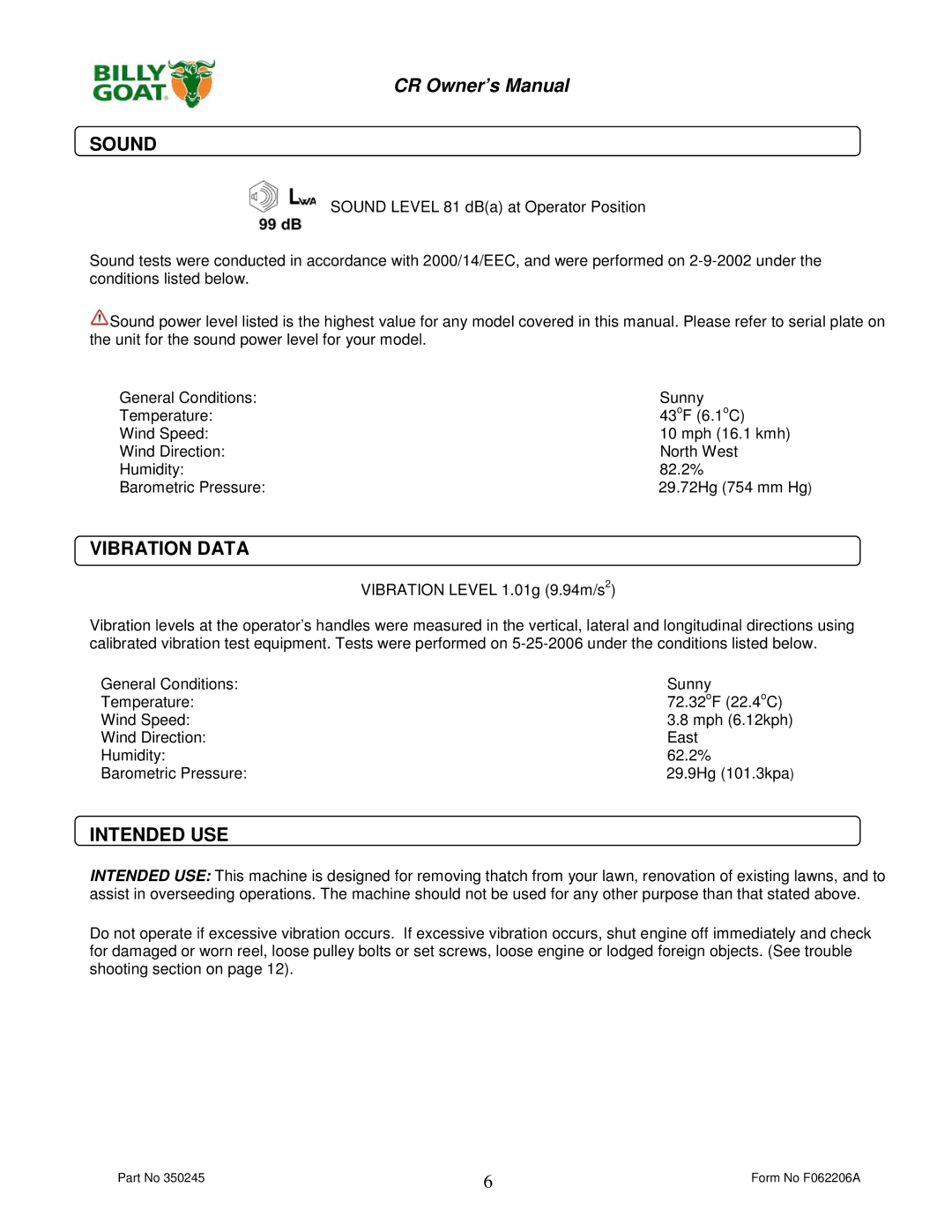 Billy Goat CR550HC owner manual Sound, Vibration Data, Intended USE 