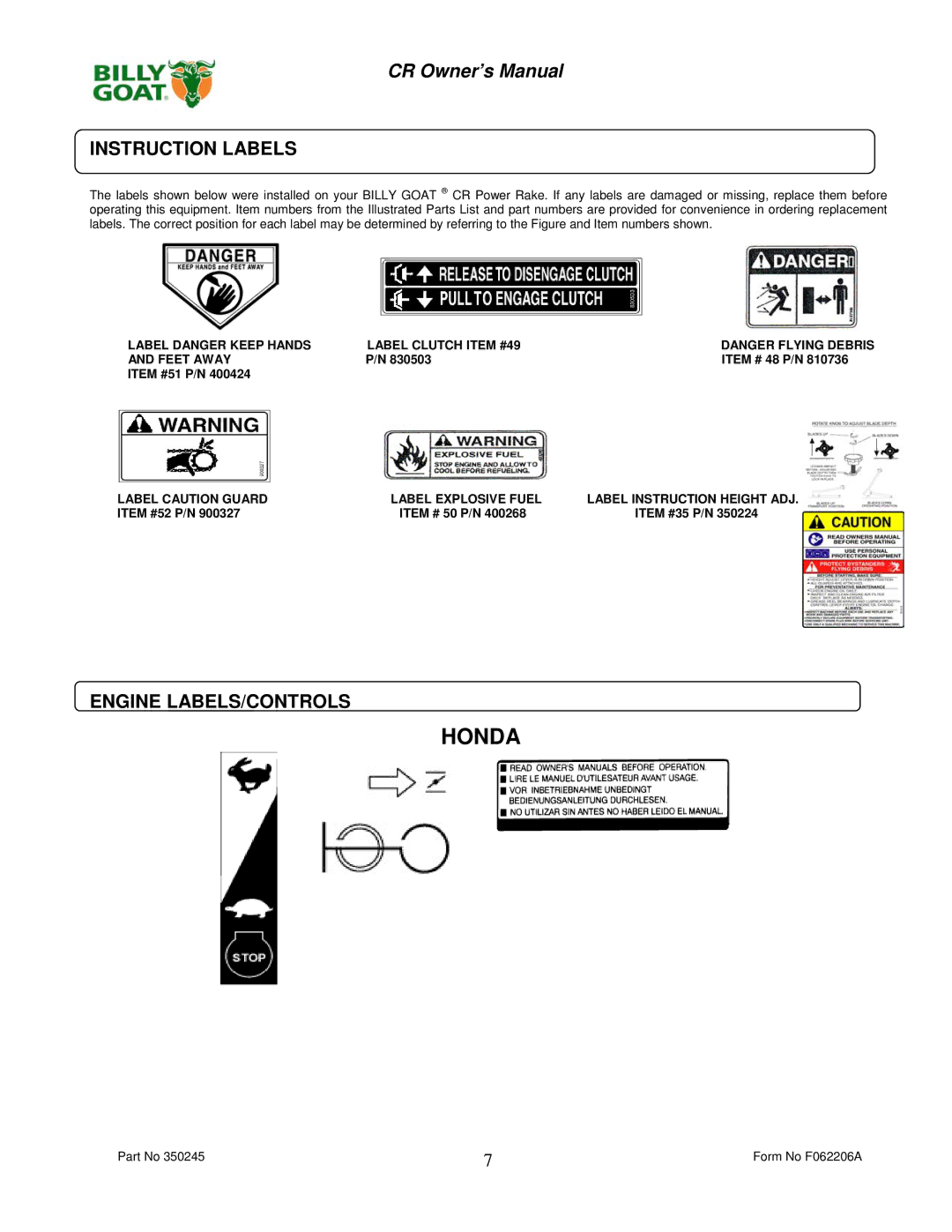 Billy Goat CR550HC owner manual Instruction Labels, Engine LABELS/CONTROLS 