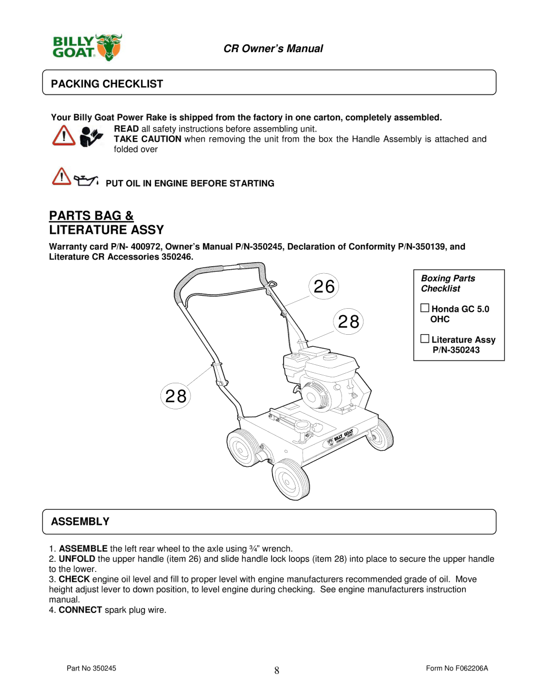 Billy Goat CR550HC owner manual Packing Checklist, Assembly, PUT OIL in Engine Before Starting 