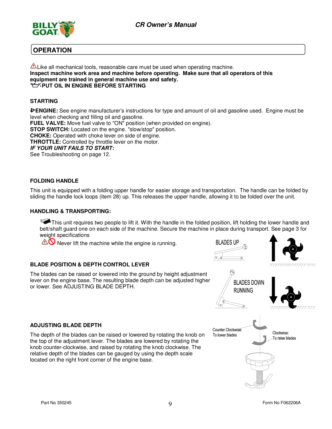 Billy Goat CR550HC owner manual Operation, Folding Handle, Handling & Transporting, Blade Position & Depth Control Lever 