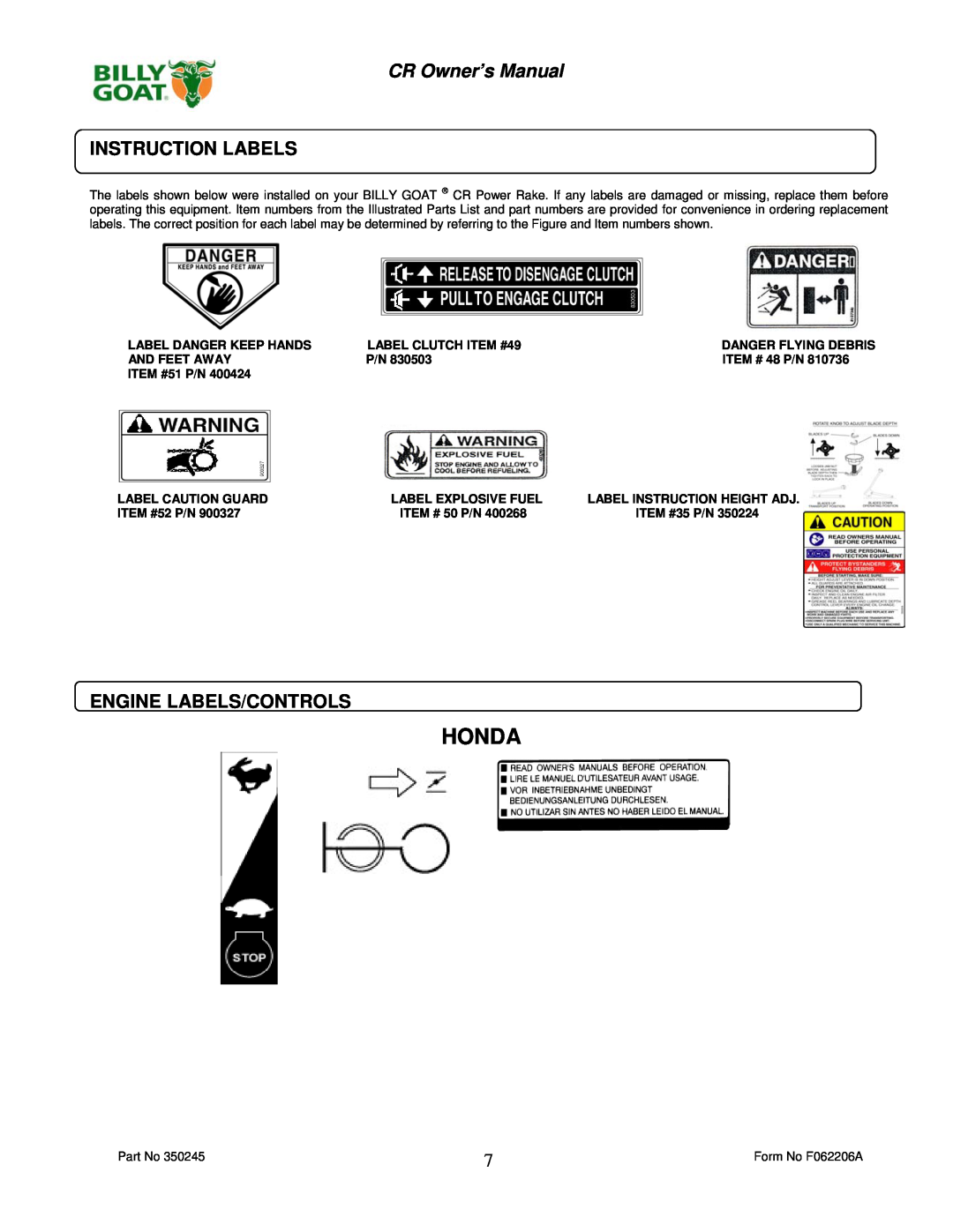 Billy Goat CR550HC owner manual Honda, Instruction Labels, Engine Labels/Controls 