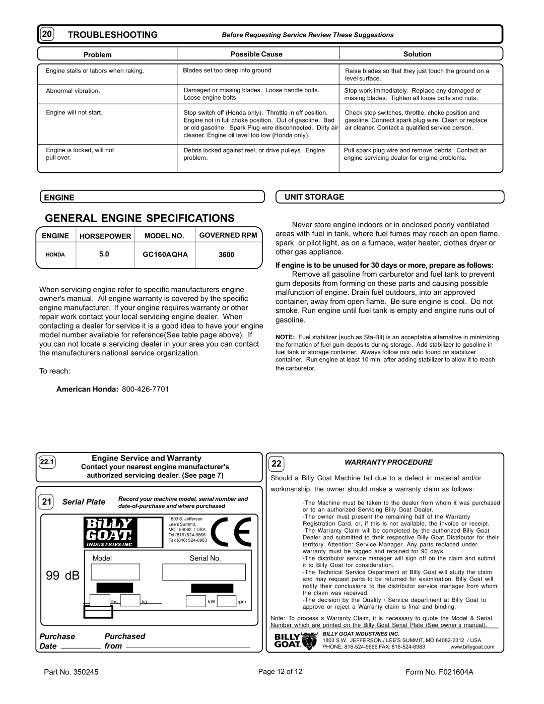 Billy Goat CR550HCV specifications General Engine Specifications, Troubleshooting, Unit Storage 