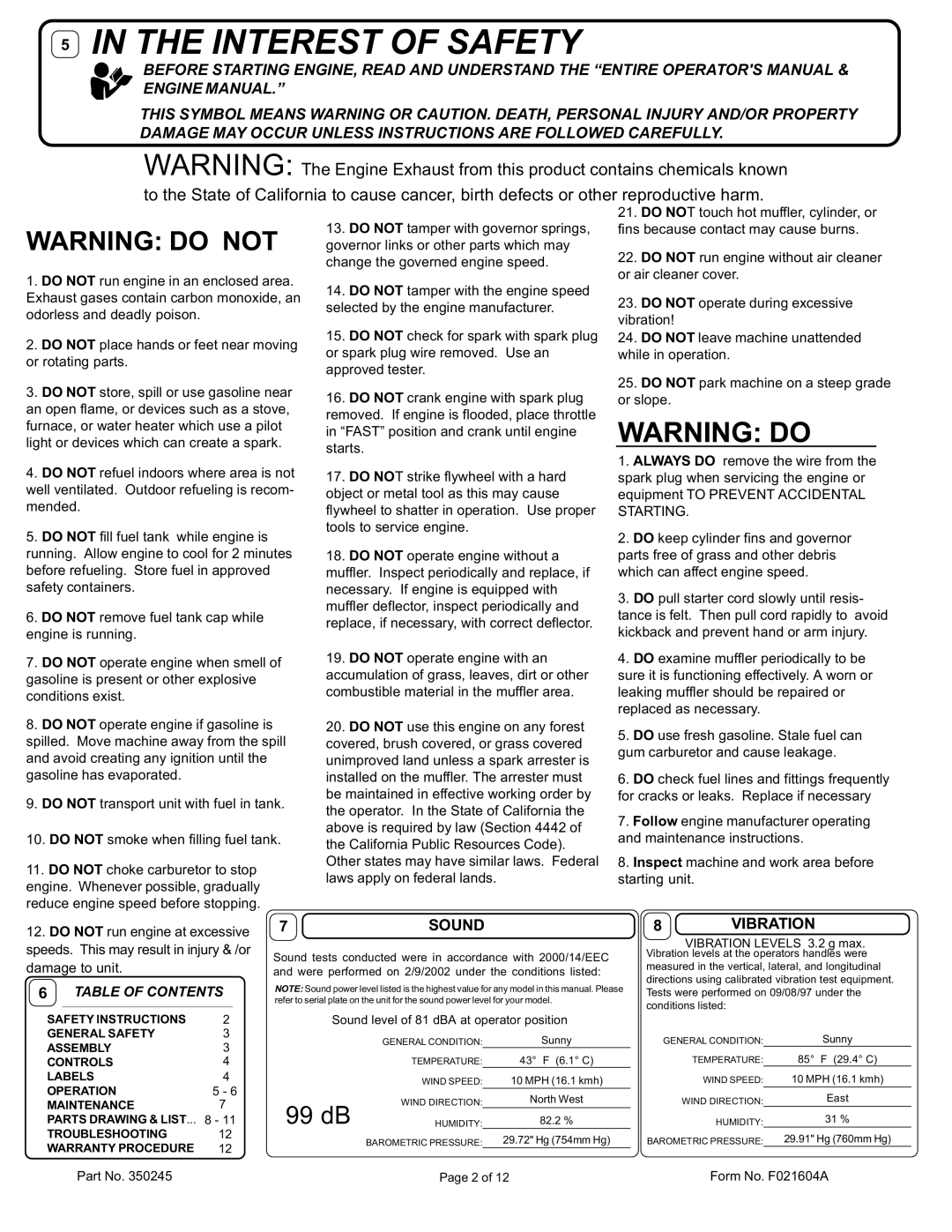 Billy Goat CR550HCV specifications 7SOUND, Vibration, Table of Contents 