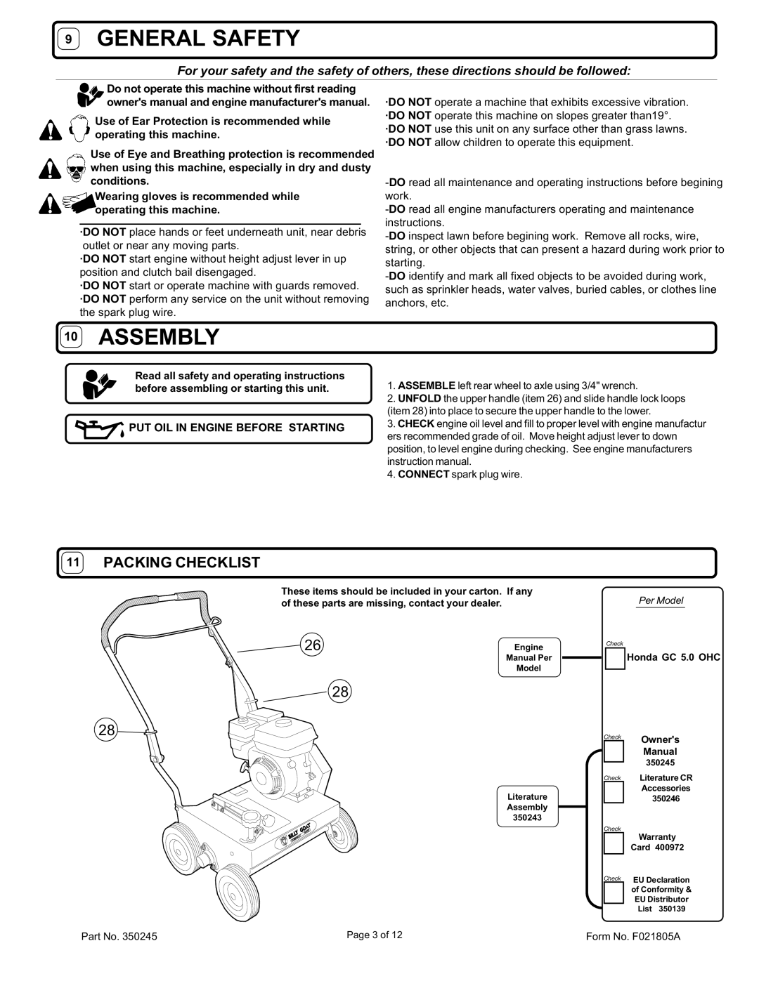 Billy Goat CR550HCV specifications Packing Checklist, PUT OIL in Engine Before Starting, Honda GC 5.0 OHC, Owners Manual 