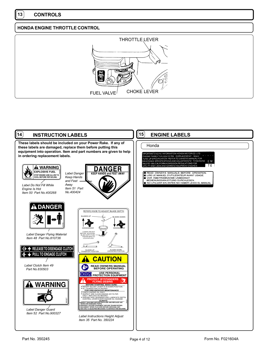 Billy Goat CR550HCV specifications Controls, Instruction Labels, Engine Labels 