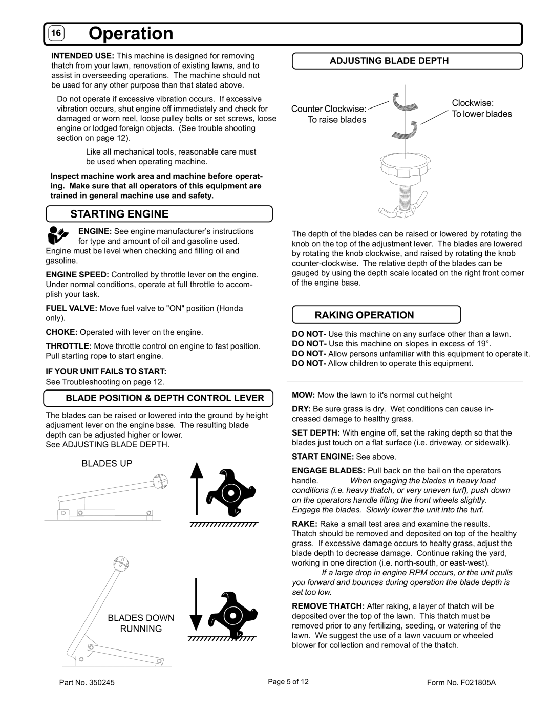 Billy Goat CR550HCV Starting Engine, Raking Operation, Adjusting Blade Depth, Blade Position & Depth Control Lever 