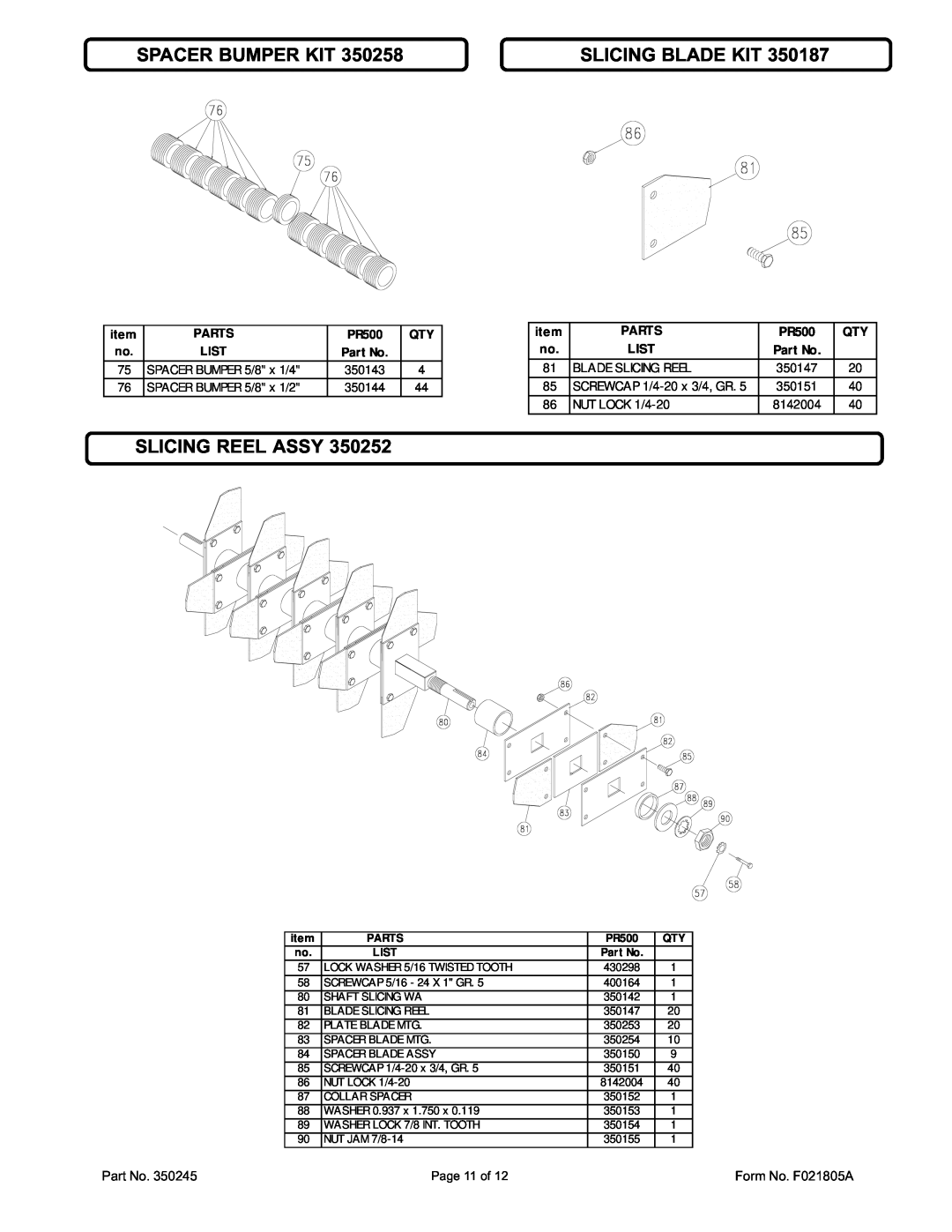 Billy Goat CR550HCV specifications Spacer Bumper Kit, Slicing Blade Kit, Slicing Reel Assy, Parts, PR500 