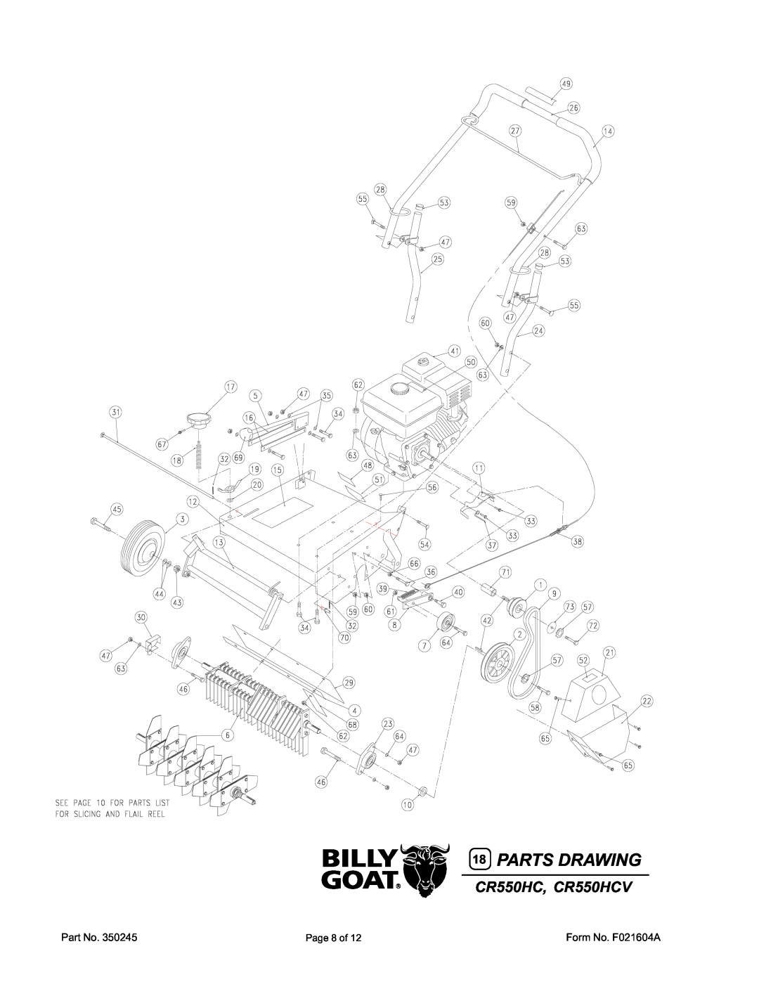 Billy Goat specifications 18PARTS DRAWING, CR550HC, CR550HCV 