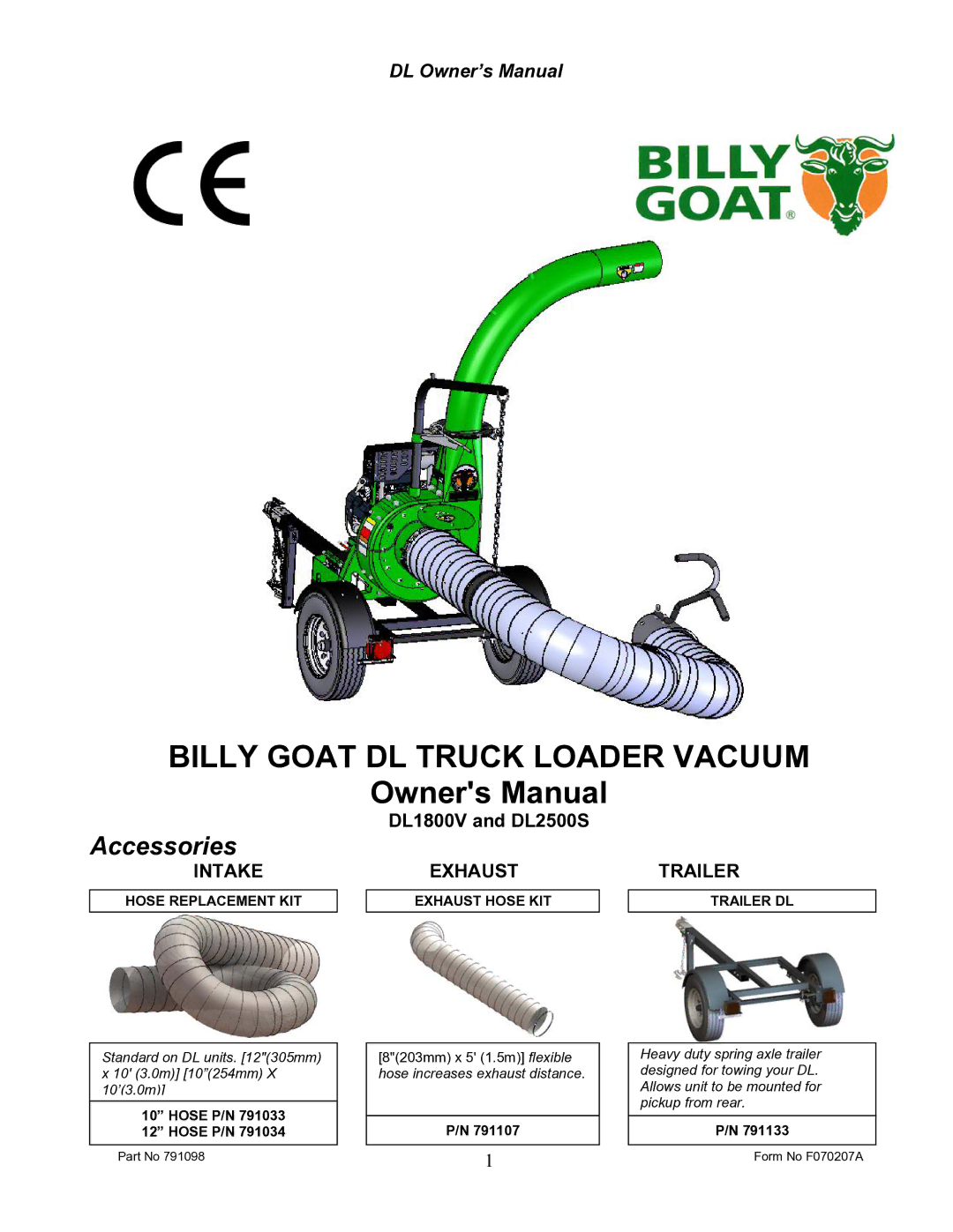 Billy Goat DL2500S, DL1800V owner manual Intake, Exhausttrailer 