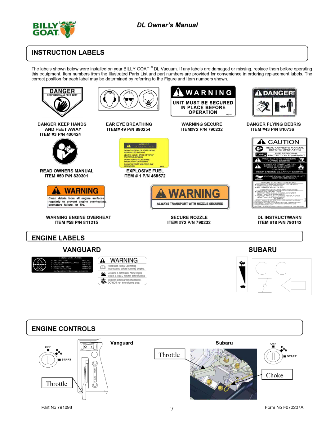 Billy Goat DL2500S, DL1800V owner manual Instruction Labels, Engine Labels Vanguardsubaru Engine Controls 