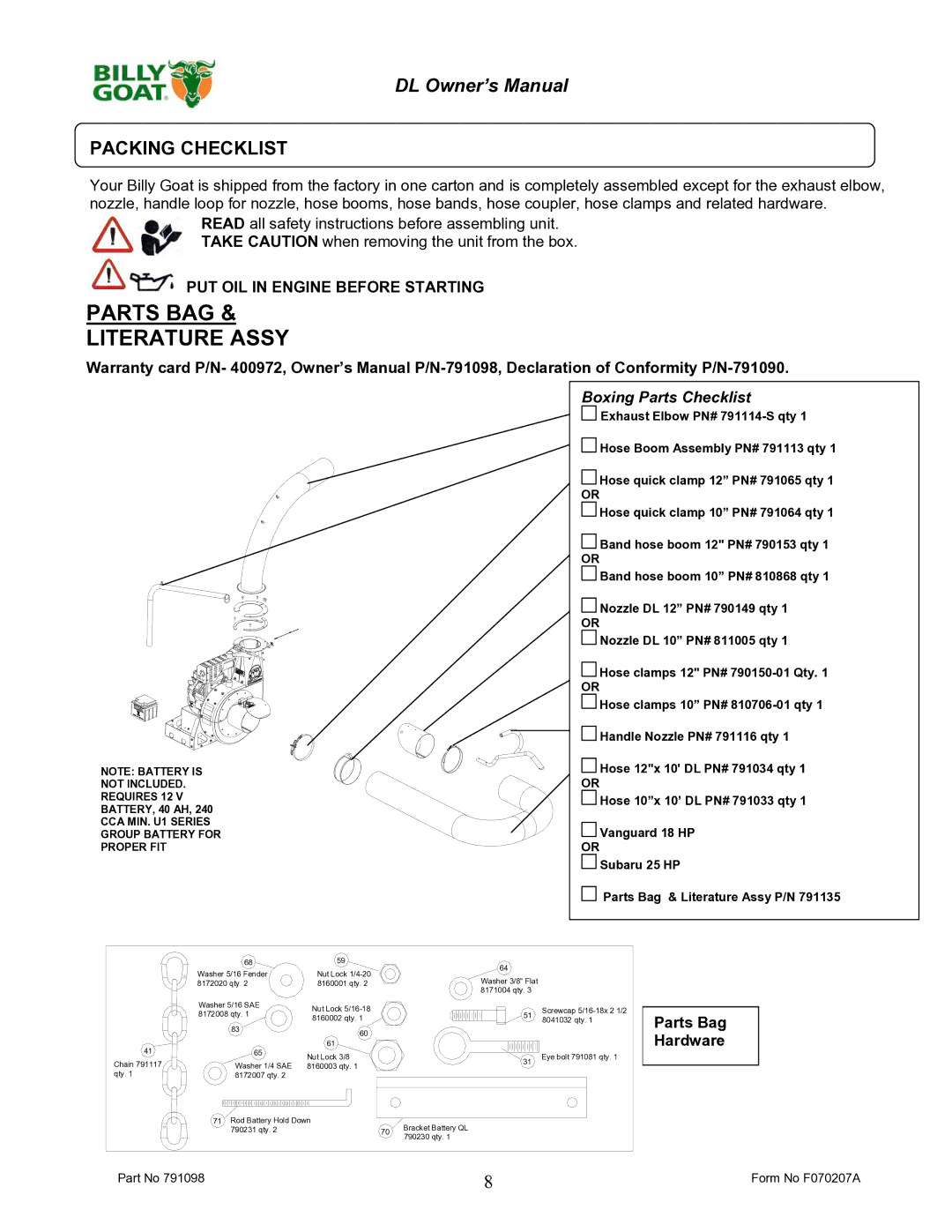 Billy Goat DL1800V, DL2500S owner manual Parts BAG Literature Assy, Packing Checklist 