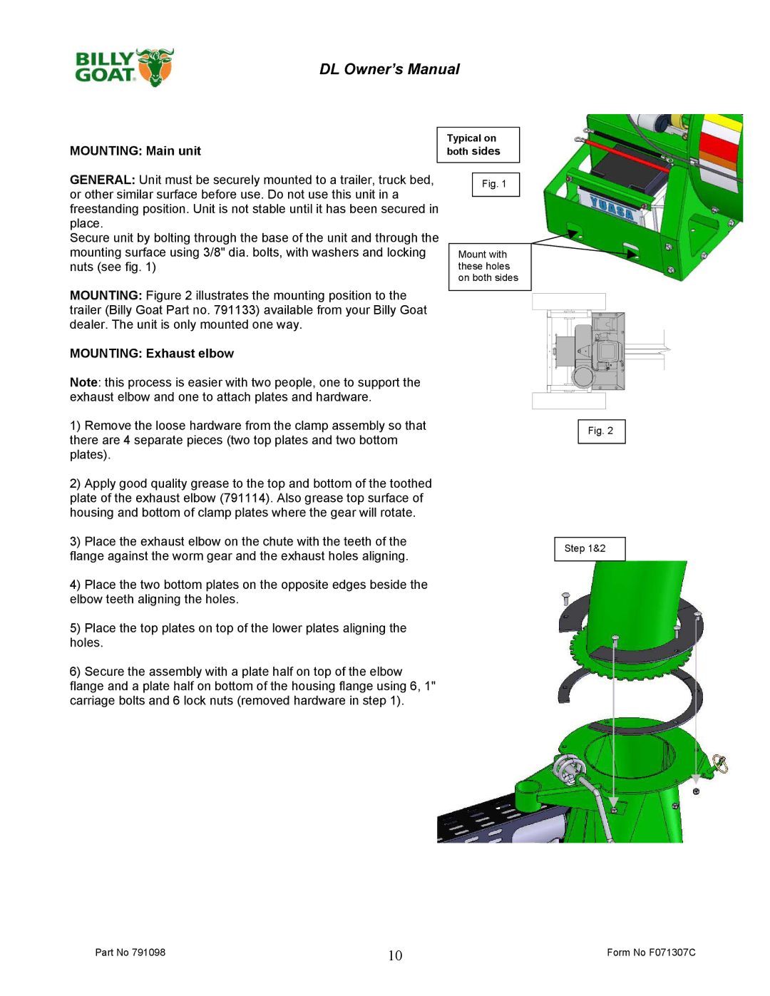 Billy Goat DL1800V, DL2500S owner manual Mounting Main unit 