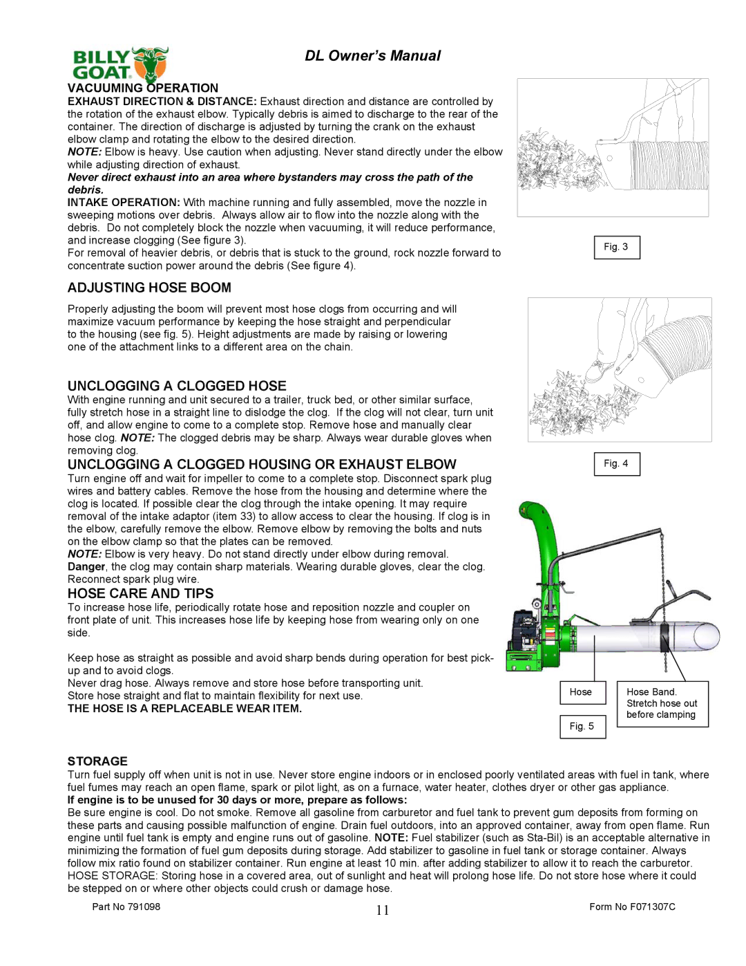 Billy Goat DL2500S, DL1800V owner manual Adjusting Hose Boom 