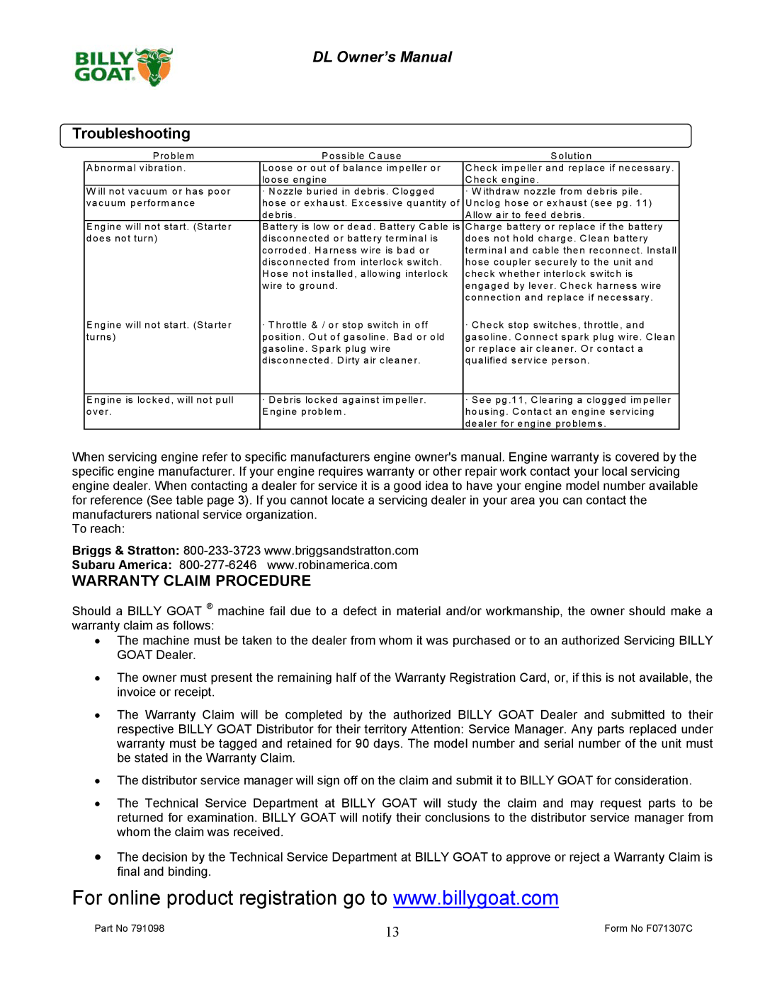 Billy Goat DL2500S, DL1800V owner manual Troubleshooting, Warranty Claim Procedure 