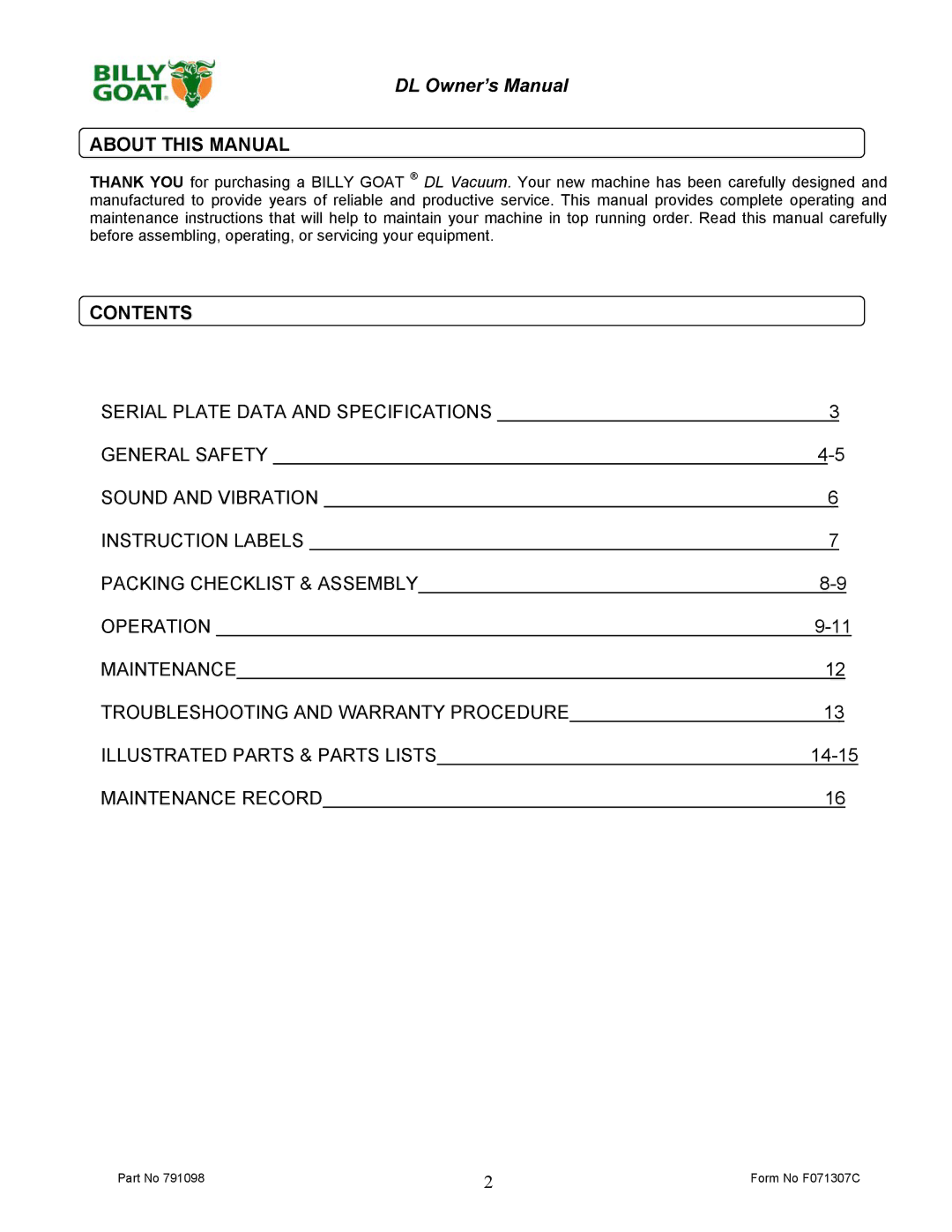 Billy Goat DL1800V, DL2500S owner manual About this Manual, Contents 