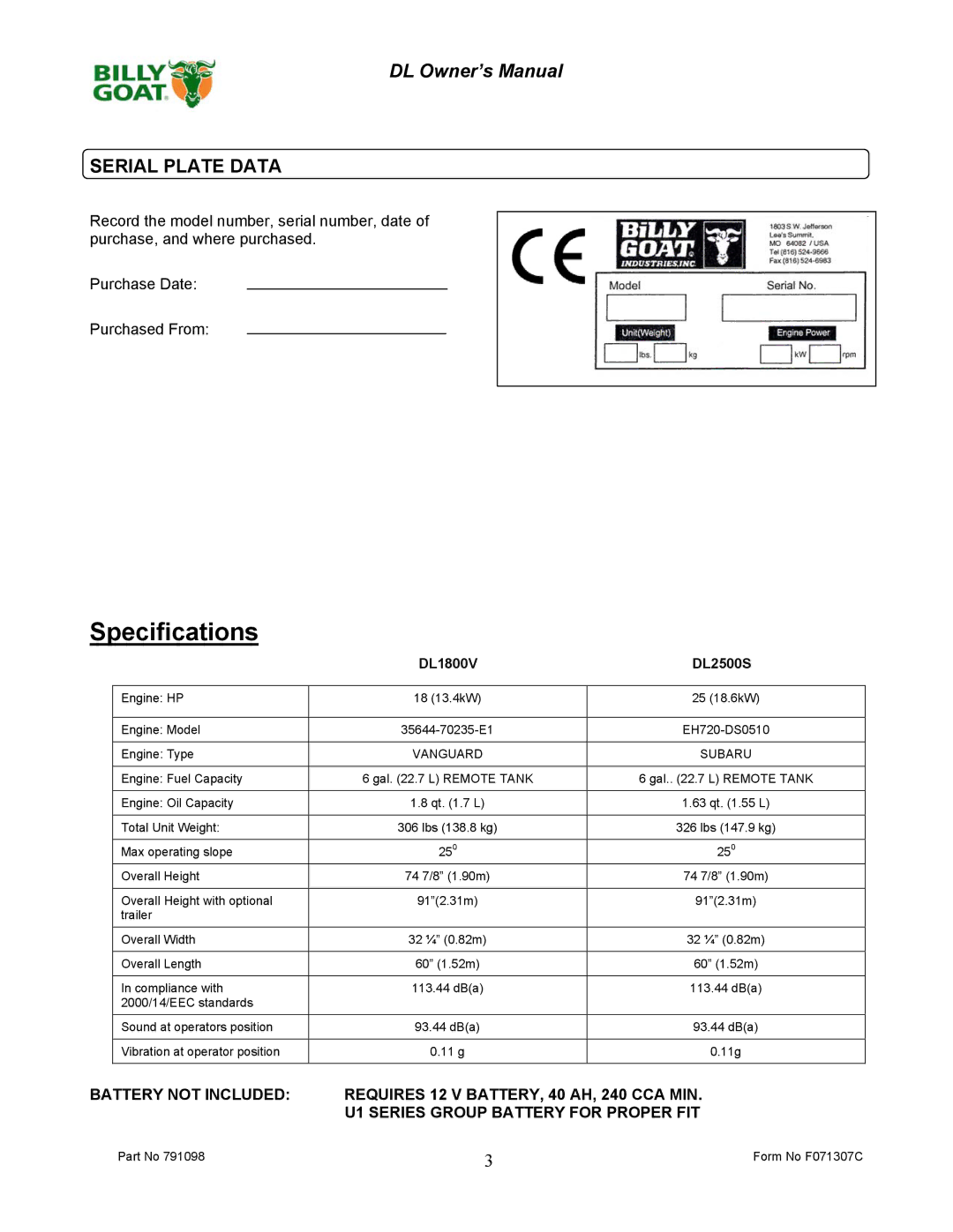 Billy Goat DL2500S, DL1800V owner manual Specifications, Serial Plate Data 