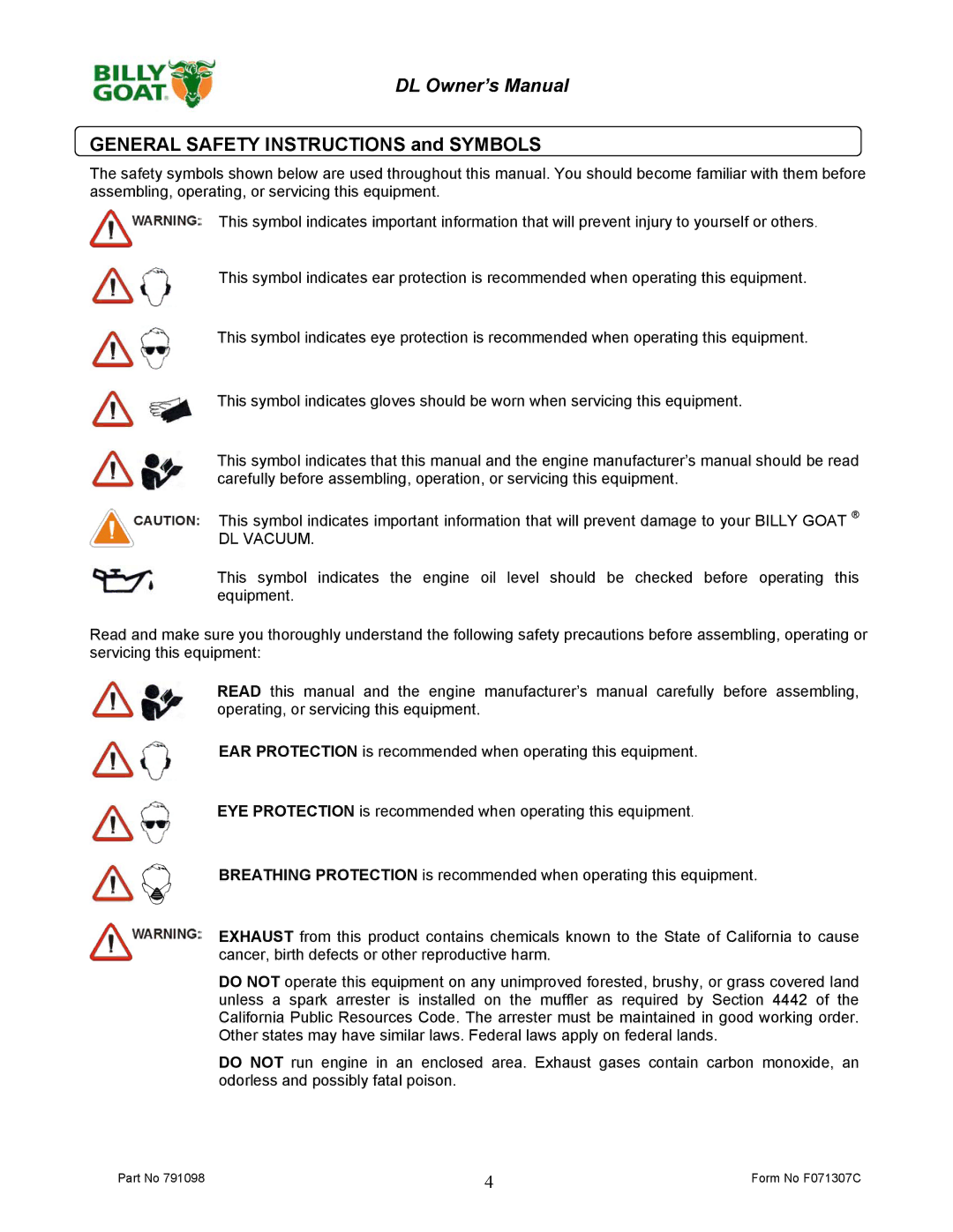 Billy Goat DL1800V, DL2500S owner manual General Safety Instructions and Symbols 