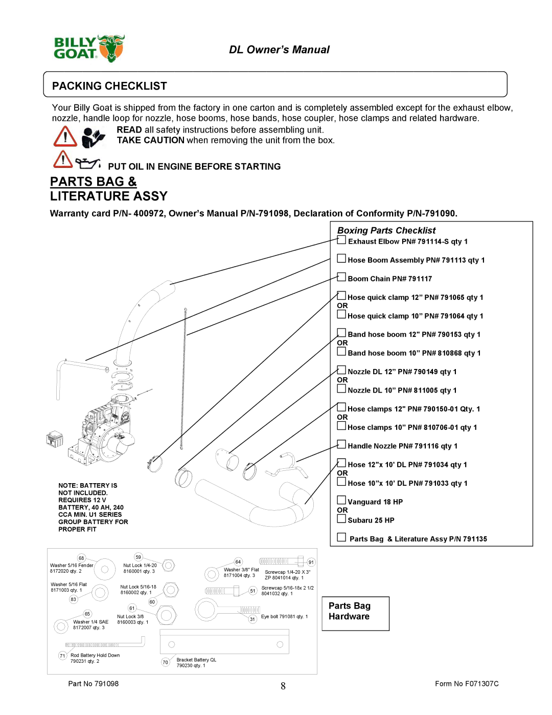 Billy Goat DL1800V, DL2500S owner manual Parts BAG Literature Assy, Packing Checklist 