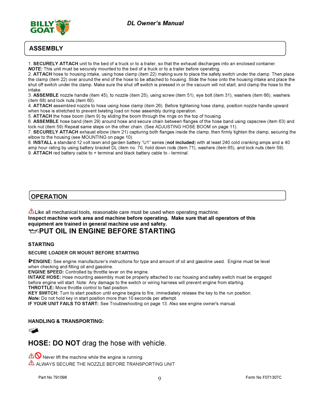 Billy Goat DL2500S, DL1800V owner manual Assembly, Operation 