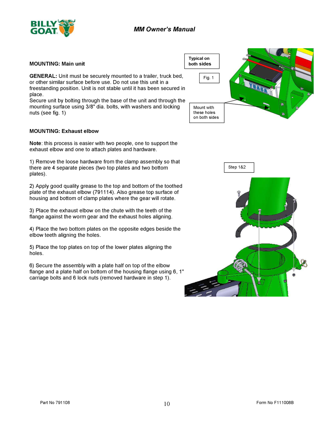 Billy Goat DL2500SMM owner manual Mounting Main unit 