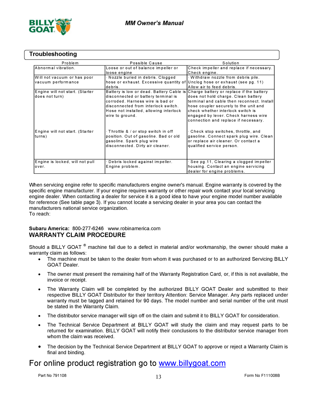 Billy Goat DL2500SMM owner manual Troubleshooting, Warranty Claim Procedure 