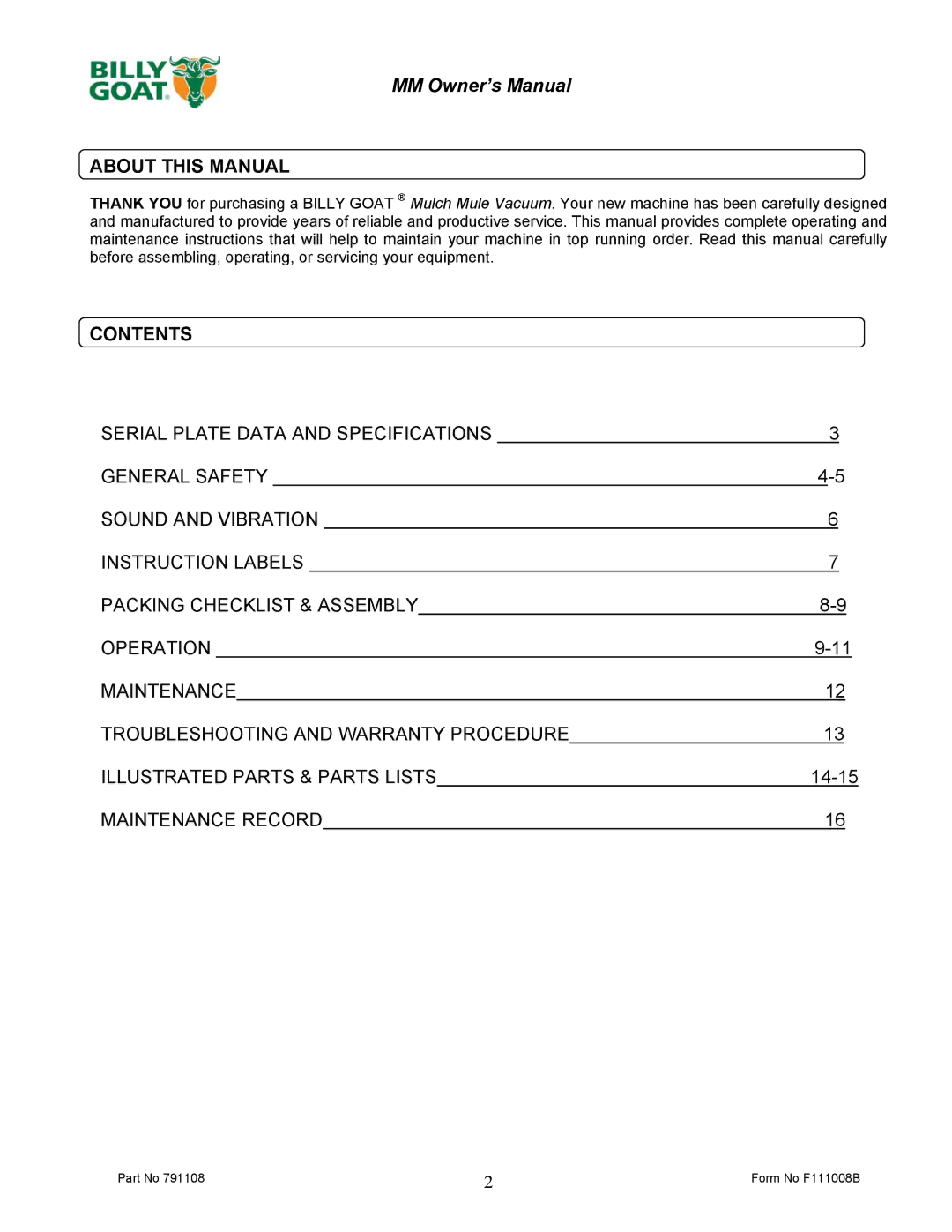 Billy Goat DL2500SMM owner manual About this Manual, Contents 