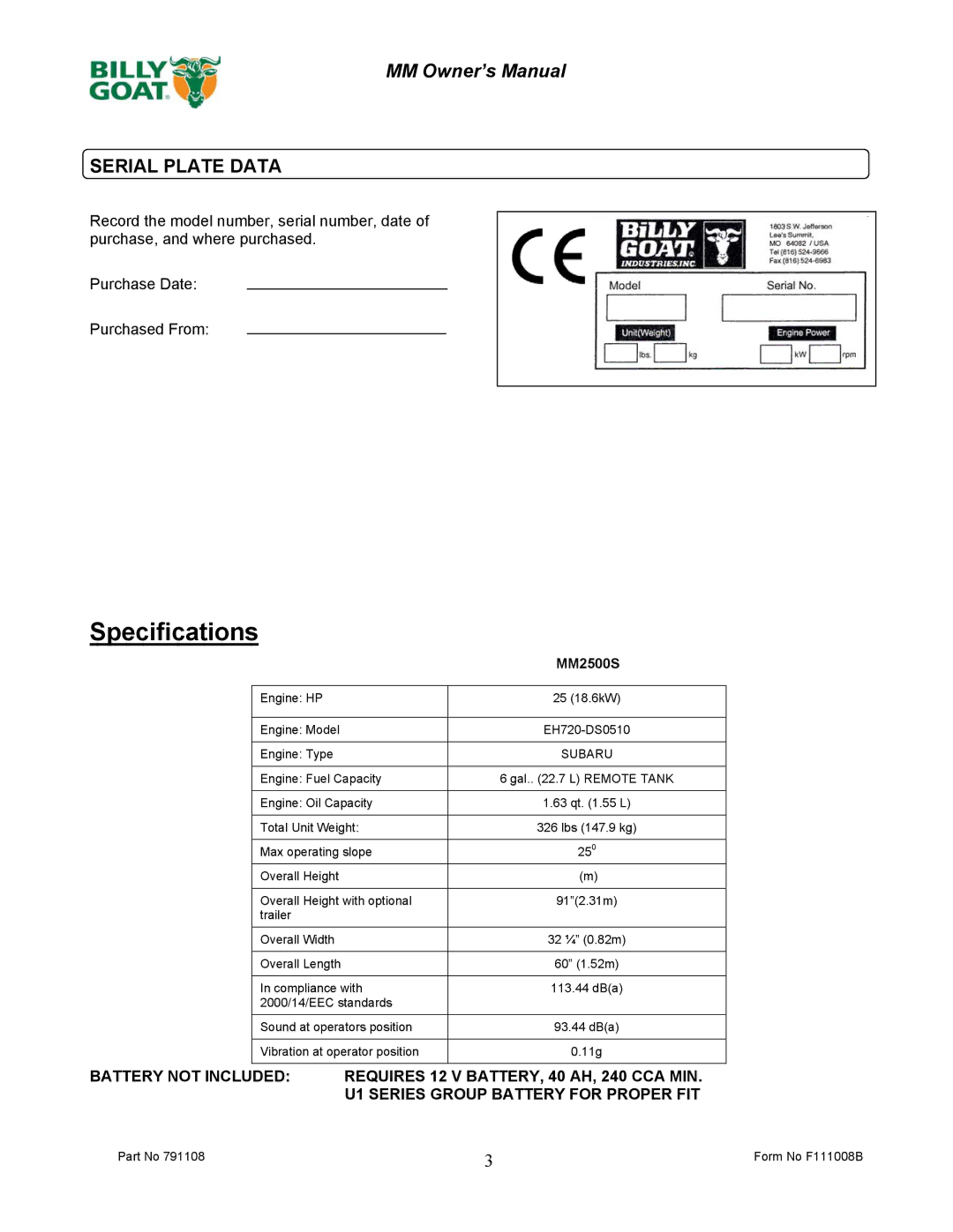 Billy Goat DL2500SMM owner manual Specifications, Serial Plate Data 