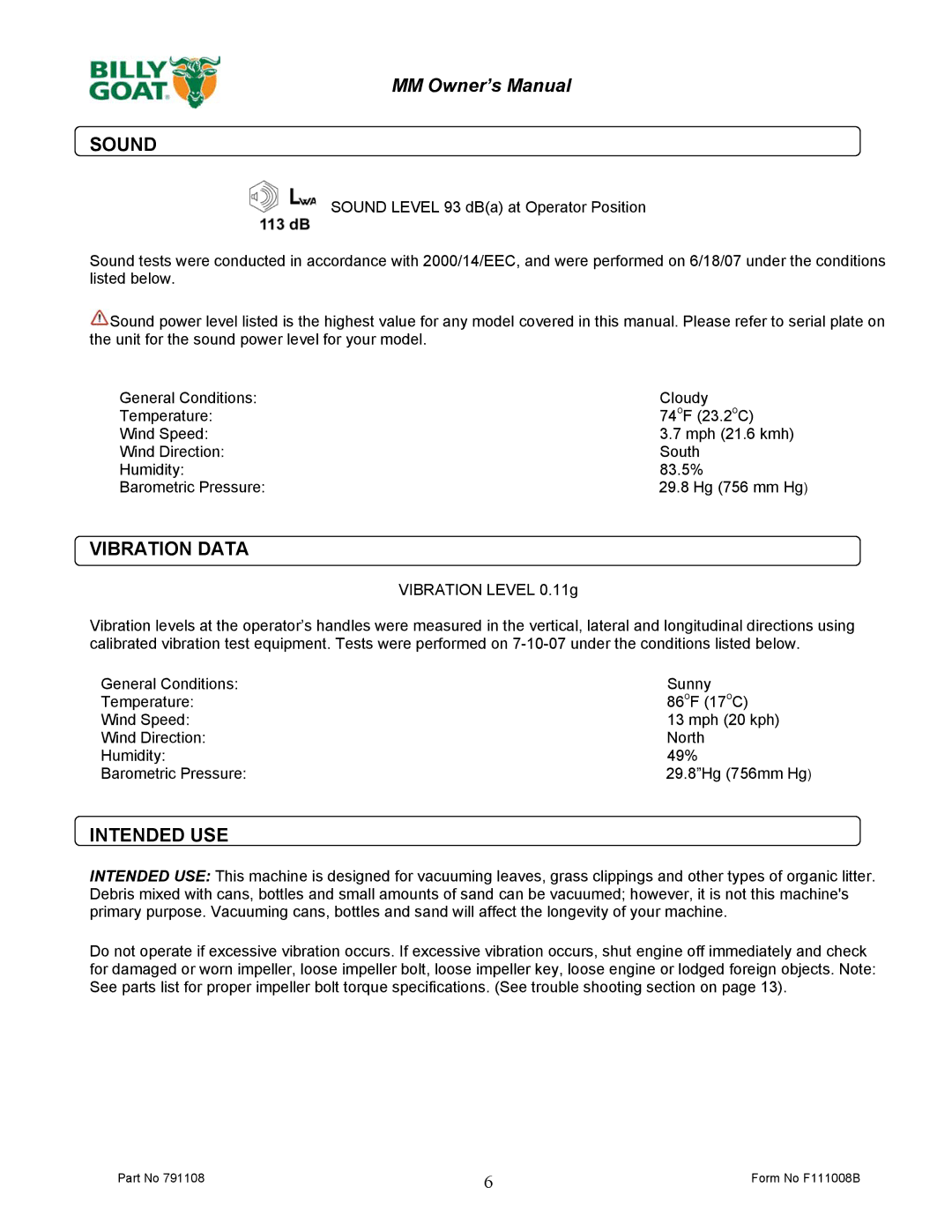 Billy Goat DL2500SMM owner manual Sound, Vibration Data, Intended USE 