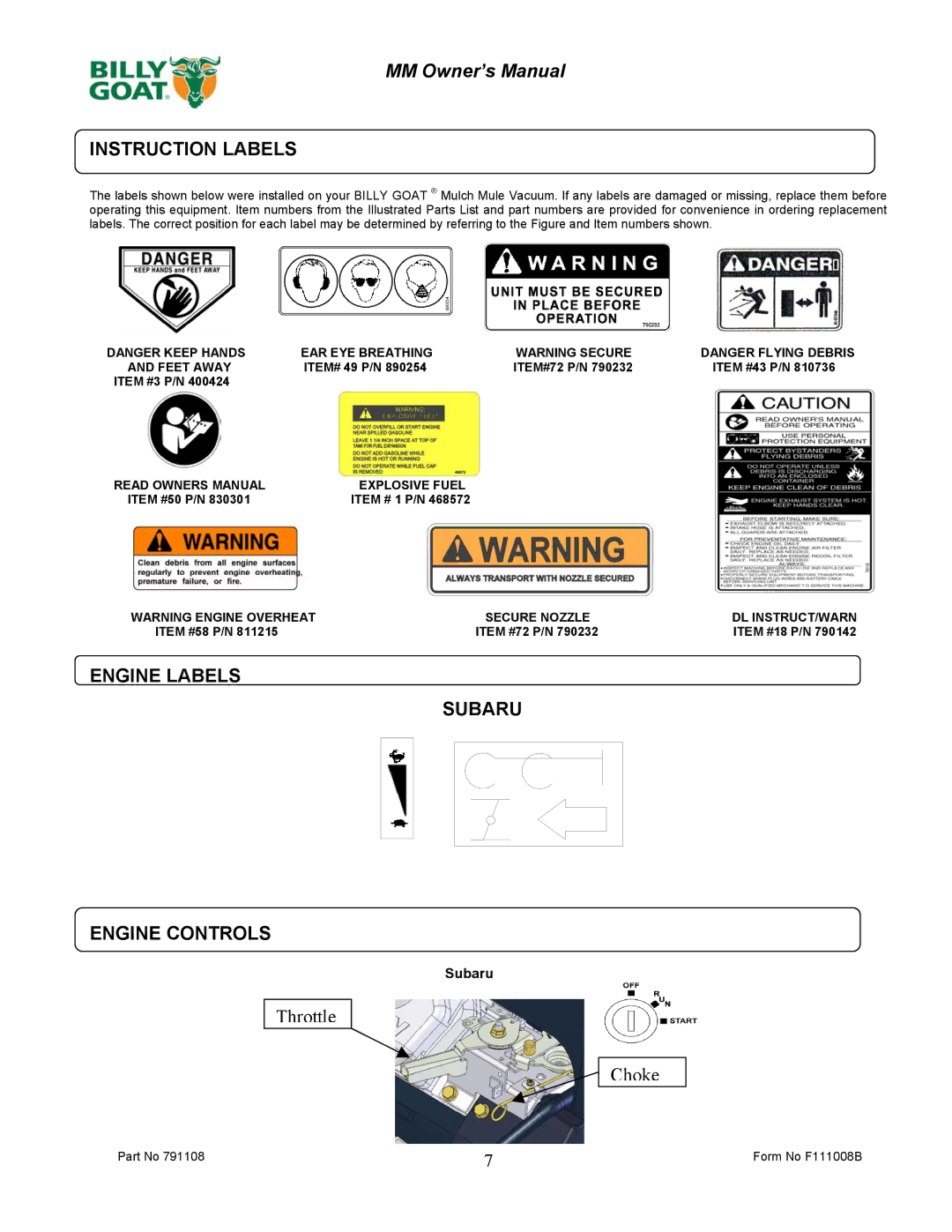 Billy Goat DL2500SMM owner manual Instruction Labels, Engine Labels Subaru Engine Controls 