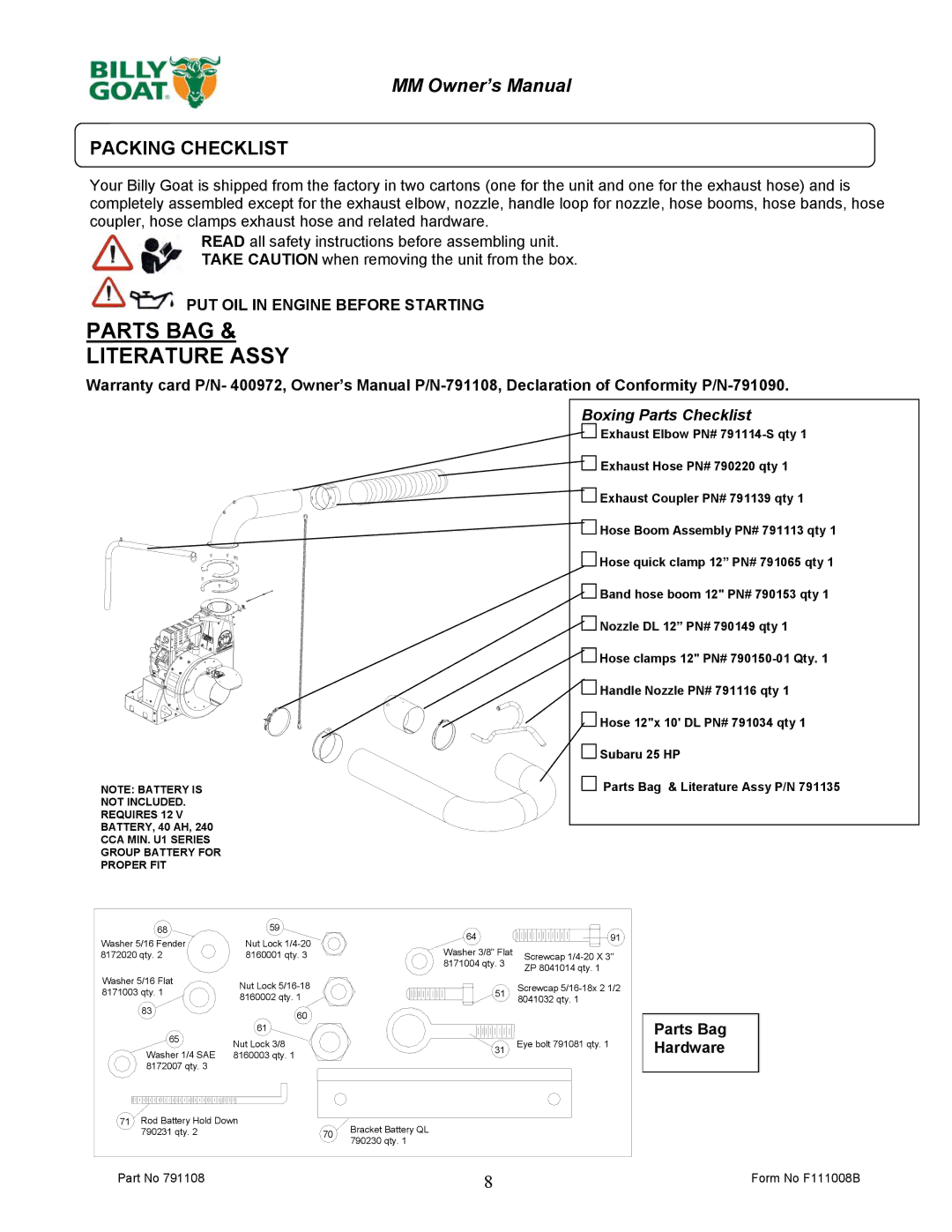 Billy Goat DL2500SMM owner manual Parts BAG Literature Assy, Packing Checklist 