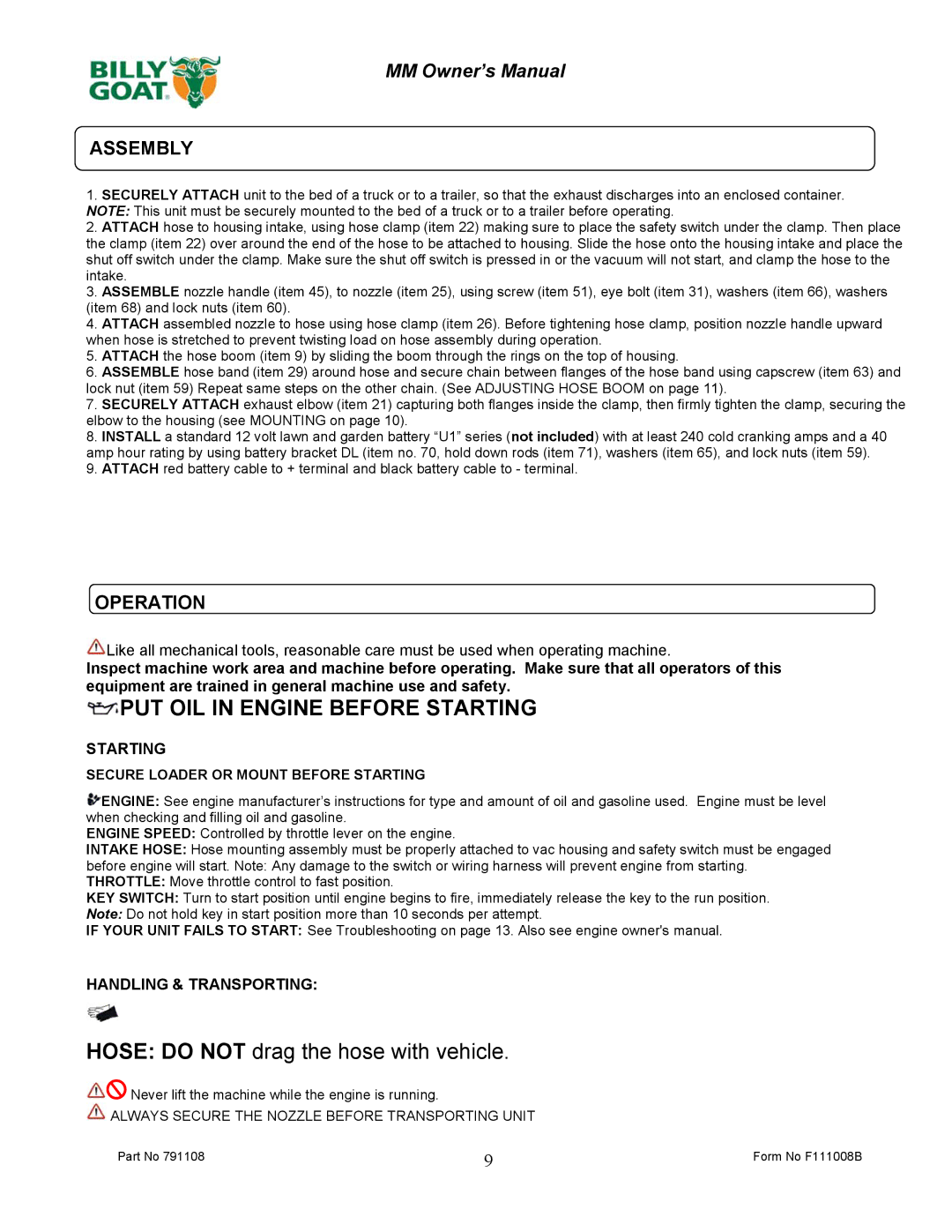 Billy Goat DL2500SMM owner manual Assembly, Operation 