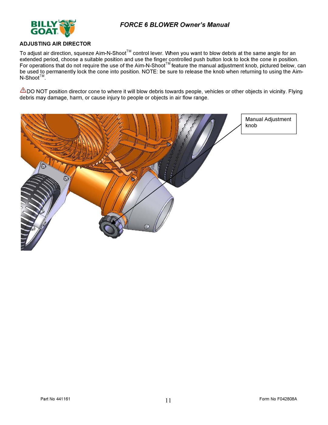 Billy Goat EX17D50012 owner manual Adjusting AIR Director 