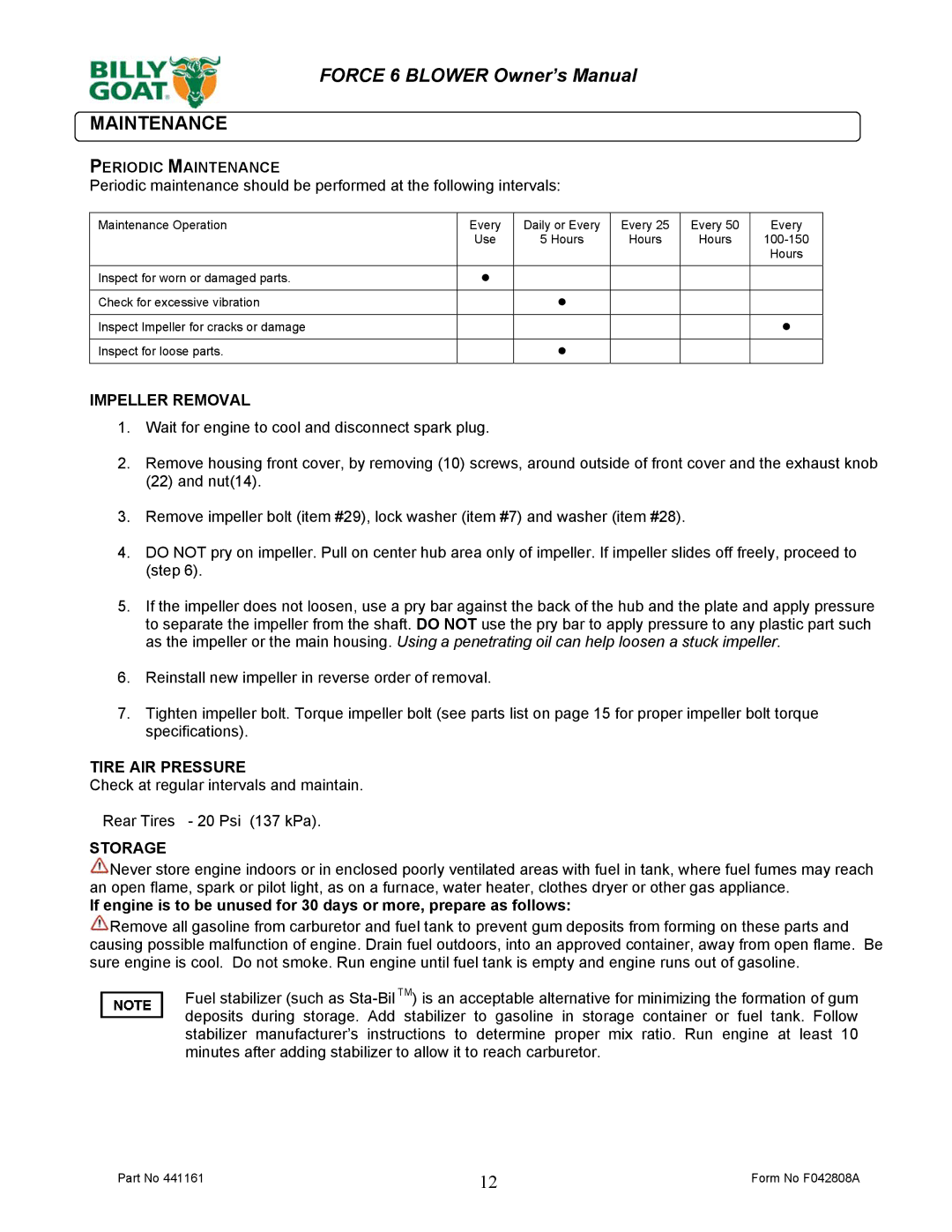 Billy Goat EX17D50012 owner manual Periodic Maintenance 