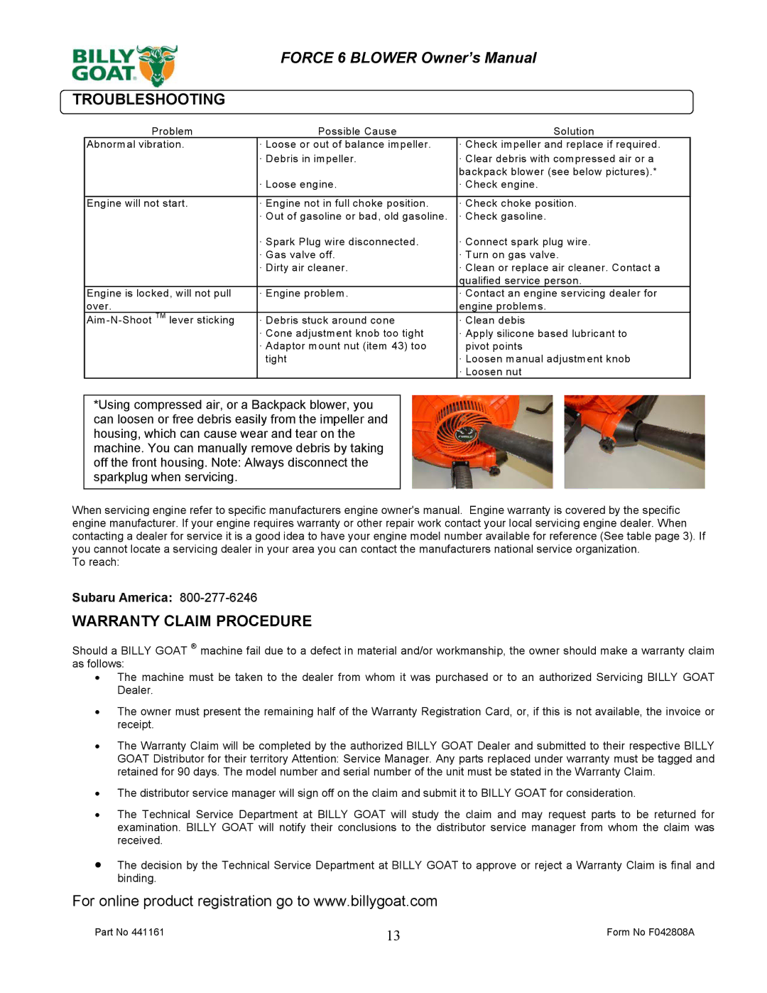 Billy Goat EX17D50012 owner manual Troubleshooting, Warranty Claim Procedure 