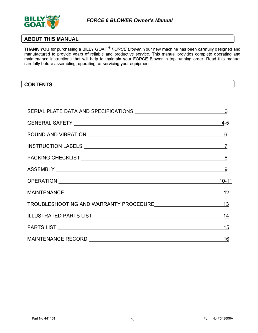 Billy Goat EX17D50012 owner manual About this Manual, Contents 