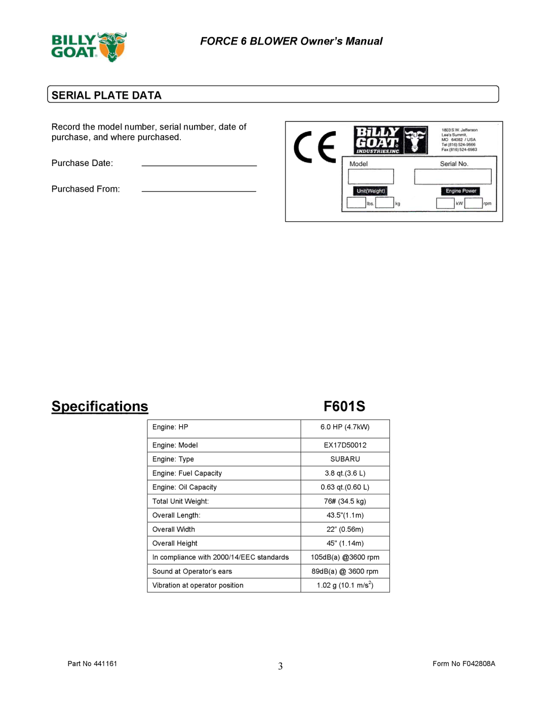 Billy Goat EX17D50012 owner manual Specifications F601S, Serial Plate Data 