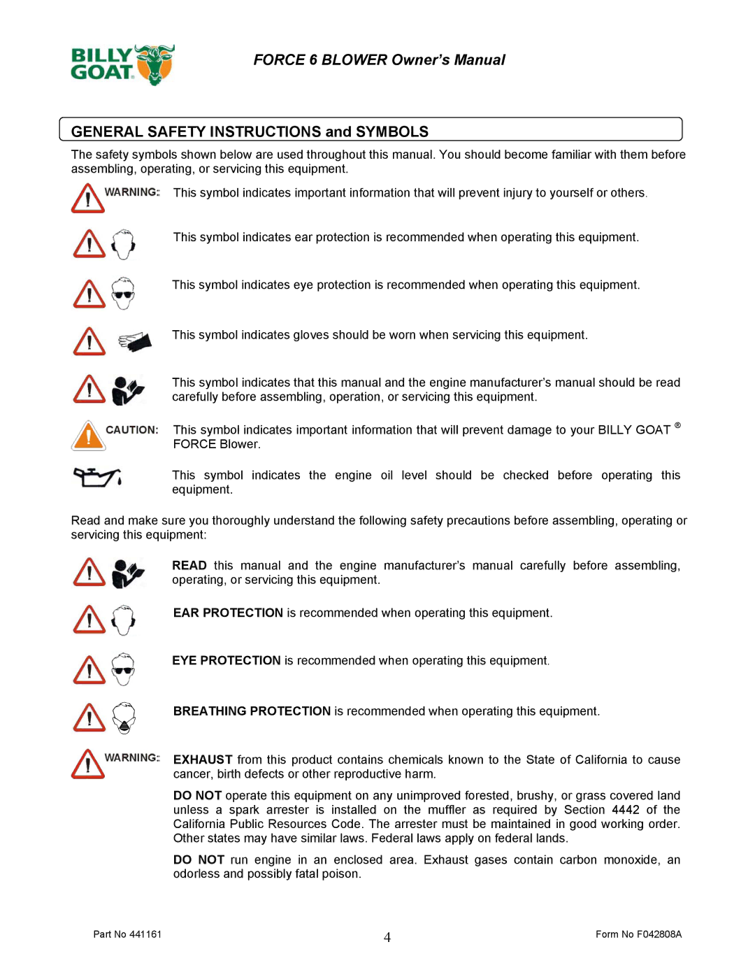 Billy Goat EX17D50012 owner manual General Safety Instructions and Symbols 