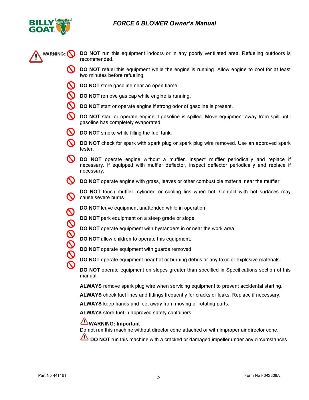 Billy Goat EX17D50012 owner manual Form No F042808A 