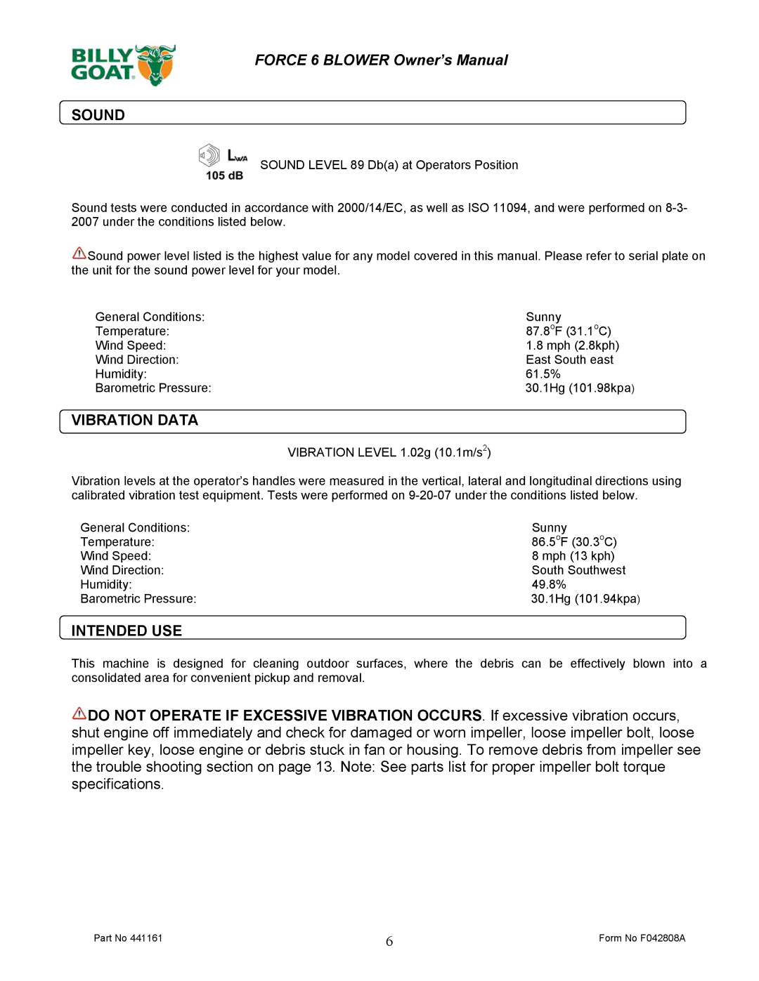 Billy Goat EX17D50012 owner manual Sound, Vibration Data, Intended USE 