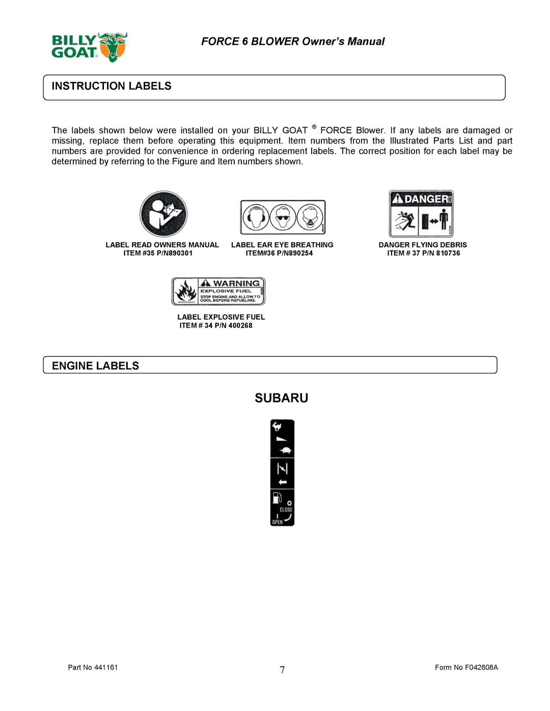 Billy Goat EX17D50012 owner manual Instruction Labels, Engine Labels 