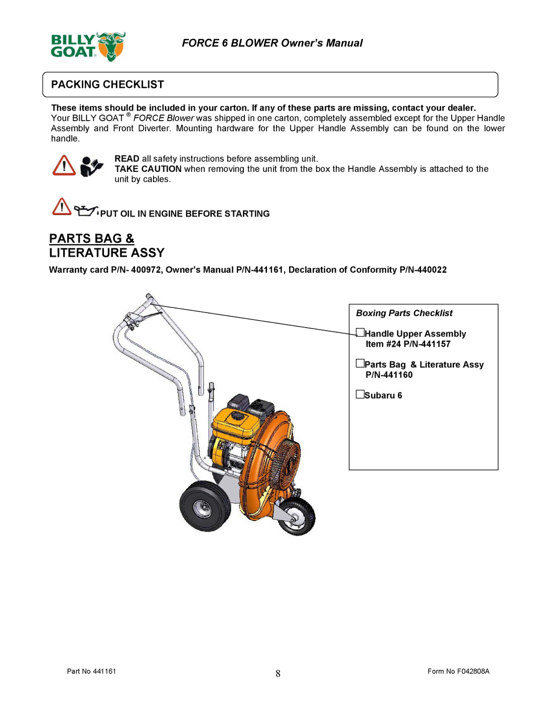 Billy Goat EX17D50012 owner manual Parts BAG Literature Assy, Packing Checklist 