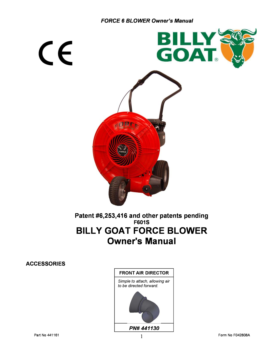 Billy Goat EX17D50012 owner manual Patent #6,253,416 and other patents pending, F601S, Accessories, Front Air Director 
