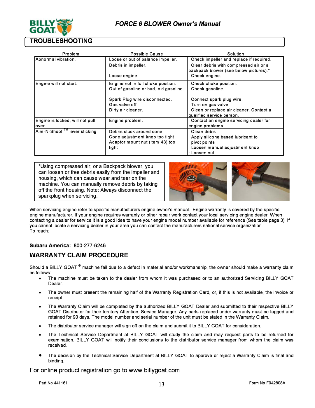 Billy Goat EX17D50012 owner manual Troubleshooting, Warranty Claim Procedure, Subaru America 